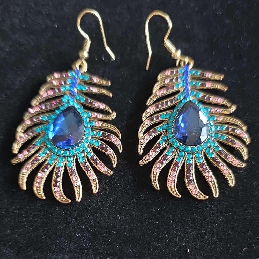 Elegant Gold and Blue Peacock Feather Earrings